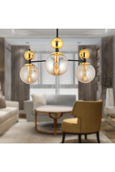 Apliqa Kuvars 3lü Siyah Gold Modern Koridor, Oturma Odası Salon Avize