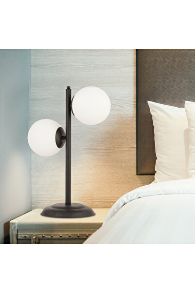 Apliqa Siena 2Li Siyah Boyalı Beyaz Camlı Masa Lambası Modern Tasarım -Yatak Odası-Salon Retro Abajur