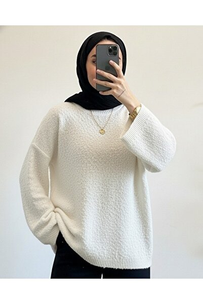 Modamorfo Pompom Textured Casual Knit Sweater - Ecru