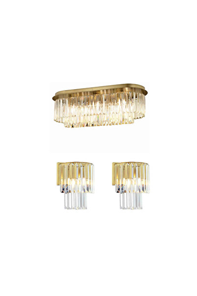 Apliqa Nilüfer Dikdörtgen Eskitme 3 Parça Kristalli Taşlı Modern Tasarım Kristal Salon Avize-Aplik Seti