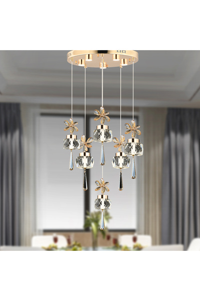 Apliqa Amaris 6'lı Yuvarlak Gold Kelebek Led Avize Kristal Ledli Modern Oturma Odası Büyük Salon Sarkıt Avi
