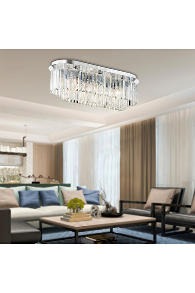 Apliqa Nilüfer Dikdörtgen Krom  Kristalli, Taşlı Modern Tasarım Yemek Masası Üstü, Kristal Salon Avize