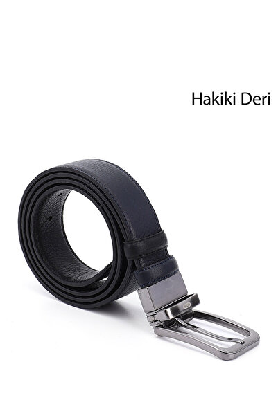GÖNDERİ(R) Men's Black to Navy Blue Genuine Leather 3.5 cm Double Sided Classic Belt