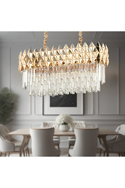 Apliqa Rodya 80'lik Sıralı Gold Kristal Taşlı Modern Yemek Odası Salon Sarkıt Avize