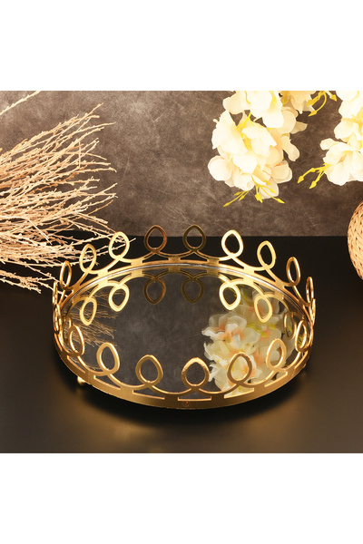 Eviqa KARYUS YUVARLAK GOLD DETAYLI AYNALI SÖZ NİŞAN SUNUM TEPSİSİ