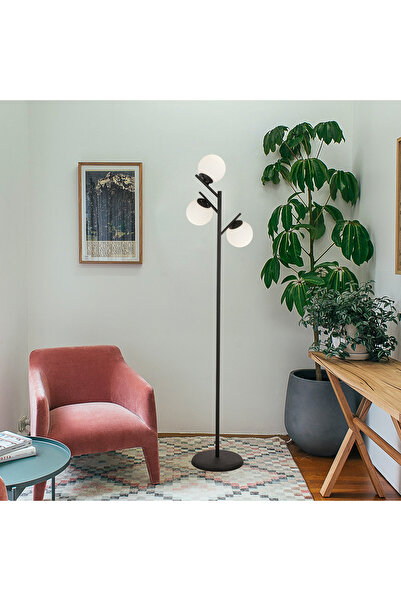 Apliqa Renji 3Lü Siyah Boyalı Beyaz Camlı Modern Tasarım Metal Lambader