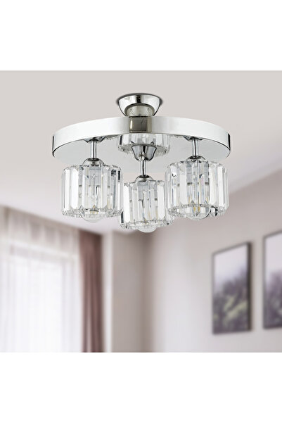 Apliqa Sabrina 3 Lü Yuvarlak Krom Kaplama Plafonyer Kristalli Taşlı Modern Ta...