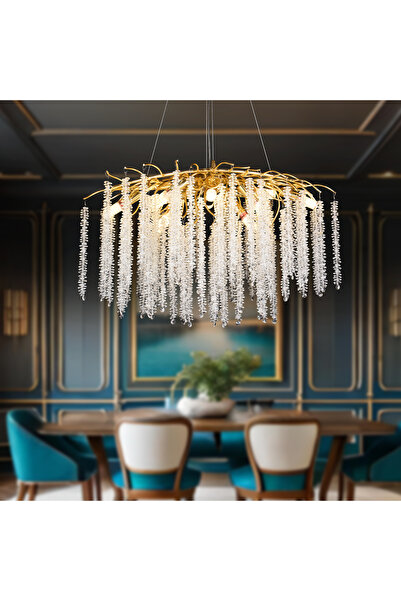 Apliqa Dina Serip Yemek Masa Üstü Gold Kaplamalı Modern Tasarım Salon Kristal Sarkıt Avize