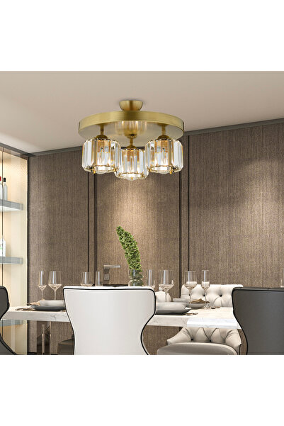 Apliqa Sabrina 3 Lü Yuvarlak Eskitme Plafonyer Kristalli Taşlı Modern Tasarım Kristal Salon Avize