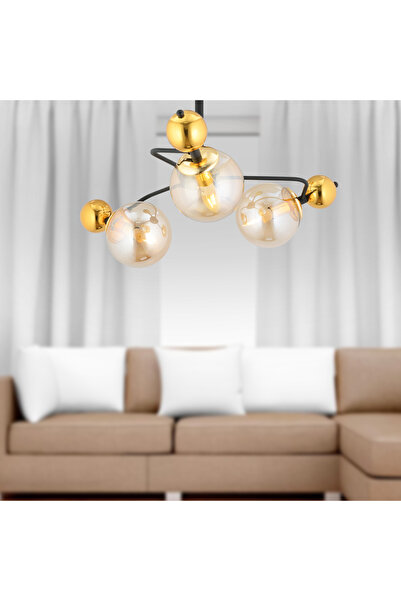 Apliqa Florit 3'lü Siyah Gold Modern Oturma Odası Salon Avize