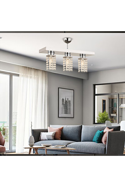 Apliqa Peter 3Lü Sıralı Krom  Kristalli, Taşlı Modern Tasarım Kristal Salon A...