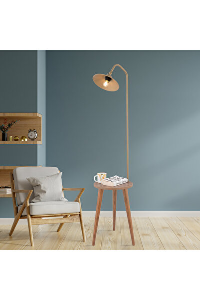 Apliqa Clifferd Eskitme Başlıklı Ahşap Sehpalı Modern Ayaklı Abajur Lamba Ahşap Lambader