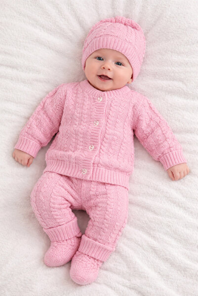 bebegen بذلة تريكو وردية للفتيات الصغيرات - تصميم بيريه