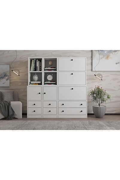 Nettrends Düşer Kapaklı Çekmeceli Kitaplık 130 cm Beyaz Ktp-1310-Ç