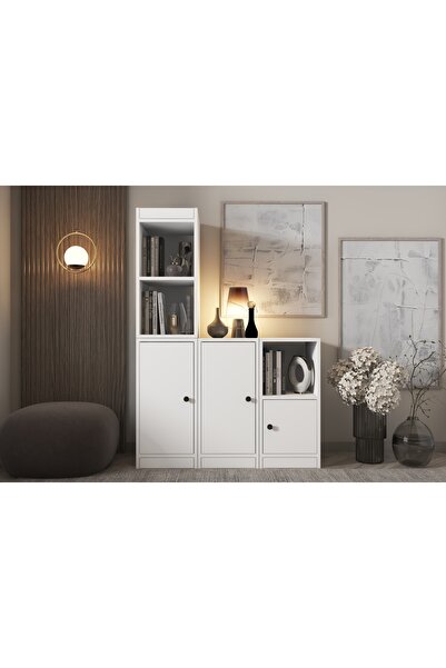 Nettrends Archel 3 Kapaklı 3 Açık Raflı Özel Tasarım Beyaz Kitaplık ELF-KP-1002