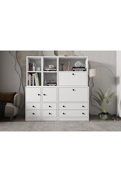 Nettrends Düşer Kapaklı Çekmeceli Kitaplık 130 Cm Beyaz Ktp-1309-Ç