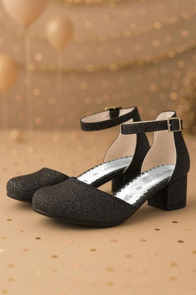 hapshoe Pantofi cu toc pentru fete cu toc gros cu sclipici negru Merida