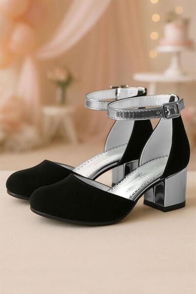 Sarıkaya حذاء ميريدا أسود بلاتيني بكعب سميك للفتيات