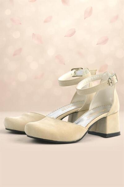 Sarıkaya Pantofi cu toc pentru fete Merida Bej din piele intoarsa cu toc gros