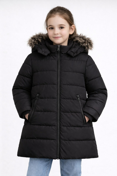 REGOS Kız Çocuk Siyah Şişme Mont Kapüşonlu Kürklü Kışlık Uzun Model