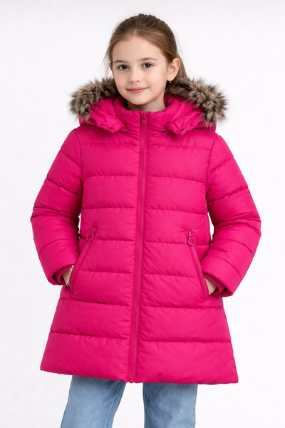 REGOS Girl's Fuchsia Puffer Coat Hooded Fur Winter Long Model