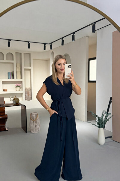 Sezgi Tekin Navy Blue Double Pleated Loose Pants Vest Set