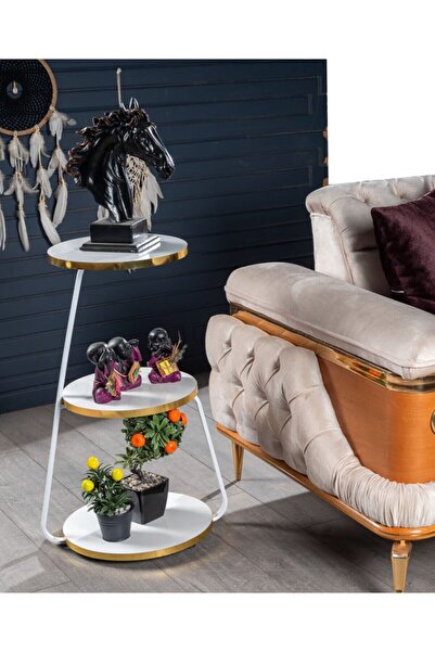 Boss Group Beyaz 3 Katlı Yan Sehpa - Modern Metal Saksı Standı ve Çiçeklik - Lüks Üç Raflı Sehpa Köşelik