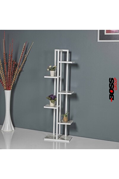 Boss Group Çiçeklik 6 Bölmeli Raf Beyaz Metal Çerçeveli Sağlam Mermer Desenli Saksı Standı - Modern Çiçek Rafı