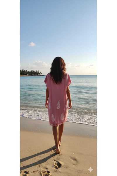Nevin Acar Large Size Half Sleeve Leather Pattern Bamboo Pestemal Beach Dress