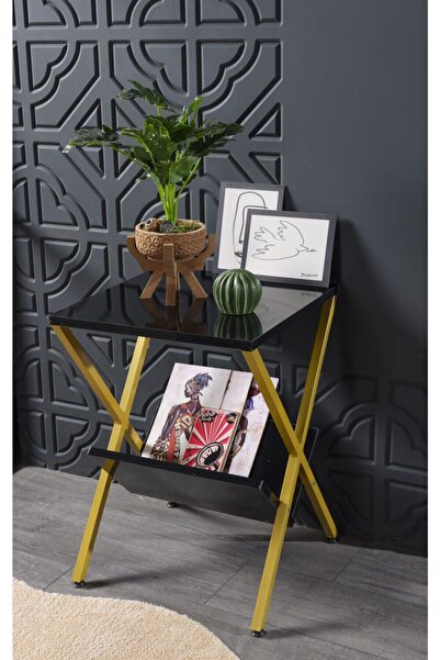 Boss Group Gold Siyah X Sehpa Modern Saksı Kitapık Standı Kahve Sehpası Koltu...