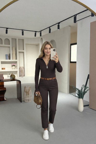 Sezgi Tekin Premium Seri Kahve Kesik Paça Boy Fit Jean