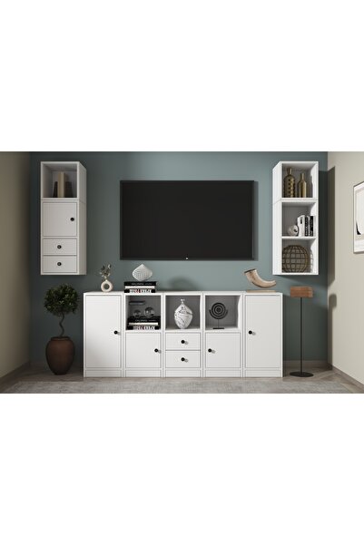 Nettrends Duvar Rafli Çekmeceli Tv Ünitesi Beyaz Tvt-1166-Ç