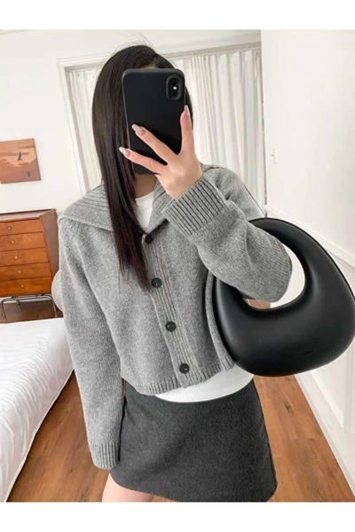 LOTUS CITY Kadın Gri Devrik Yaka Düğmeli Triko Hırka