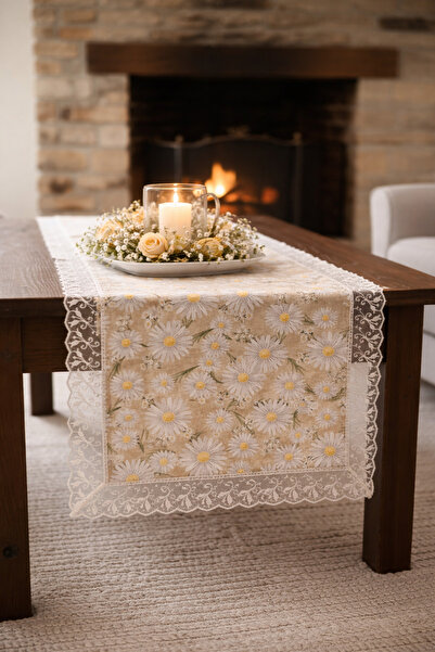 Rona Home مفرش طاولة مزين بنقشة الأقحوان مع حواف رفيعة بيضاء - ديكور طاولة أنيق لغرفة العروس