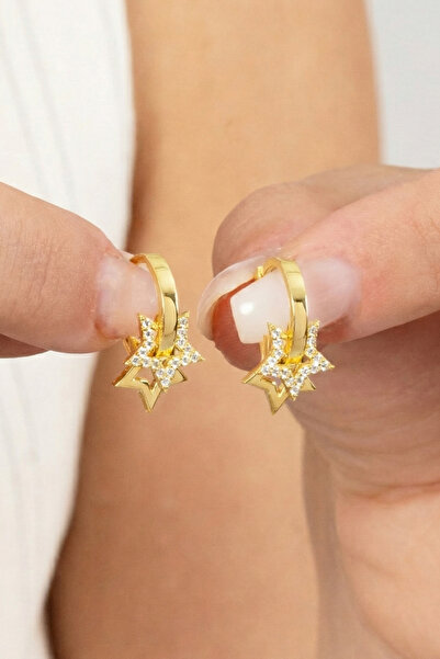 Söğütlü Silver Gümüş Altın Yaldızlı Zirkon Taşlı Yıldız Sallantılı Halka Küpe...