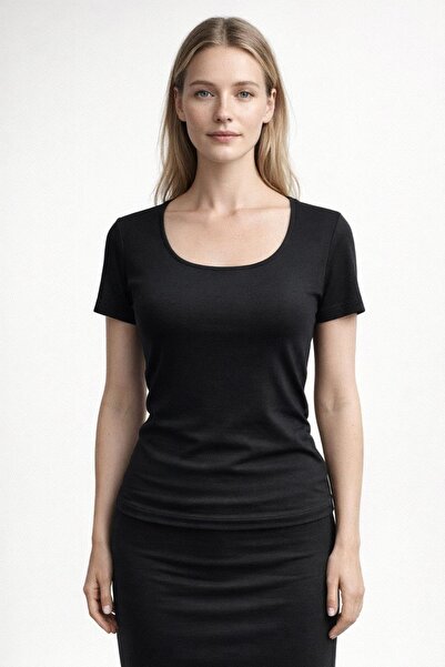 Şiir Pella Γυναικείο κορμάκι εφαρμοστό με τετράγωνο λαιμόκοψη, διπλής στρώσης, ελαστικό βασικό κοντομάνικο κορμάκι - Μαύρο