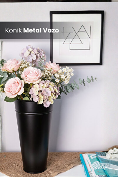 Orvila Siyah Metal Konik Vazo Şemsiyelik Kova Dekoratif Çiçeklik Aranjman Met...