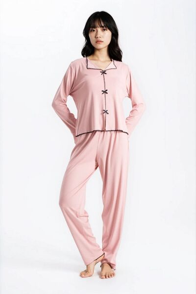 Ecrou Women's Powder Report Ribbed Knit Texture Seoul Long Sleeve Top Pants Pajama Set