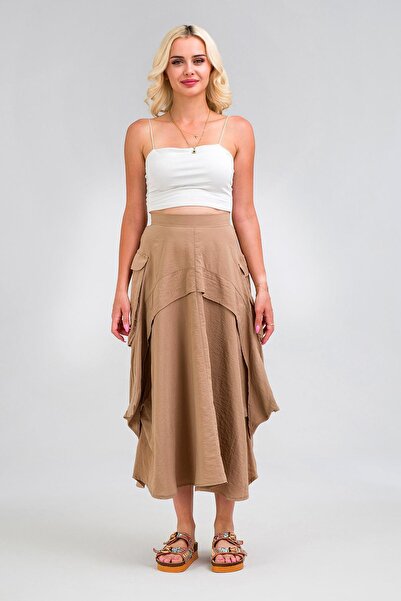 Bold & Young Women's Cargo Zippered Parachute Fabric Skirt Beige