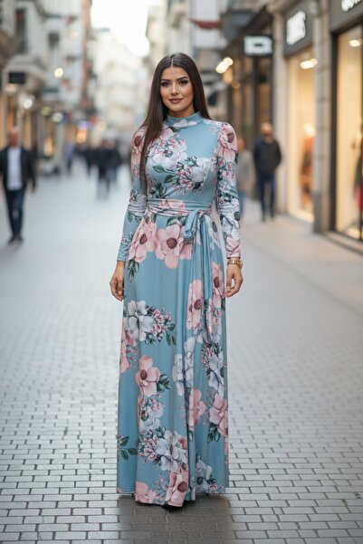 Mossta Μακρύ φόρεμα με στρογγυλή λαιμόκοψη και στάμπα με ζώνη - Πράσινο