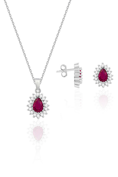 SİLVERA TELKARİ Kadın Gümüş Set Kök Yakut Taşlı Kolye Küpe İkili Set 925 Ayar...