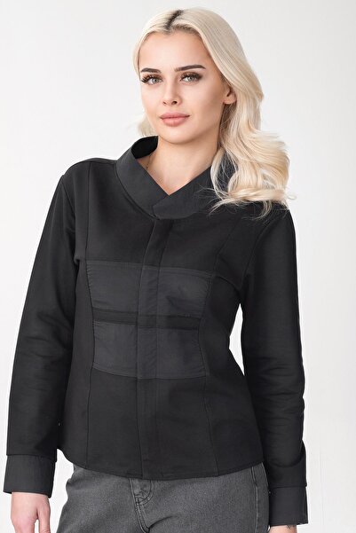 Bold & Young سترة نسائية من القطن قماش قابل للتمدد مصنوعة من قماش كرينكل تكنو مع سحاب باللون الأسود