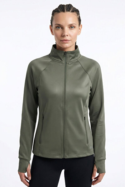 TOMMY LIFE Khaki Zippered Mock Neck Basic Comfortable Fit Women's Running Jac...