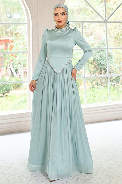 Olcay Stone Detailed Skirt Pleated Satin and Yoryo Silk Hijab Evening Dress Mint 1046
