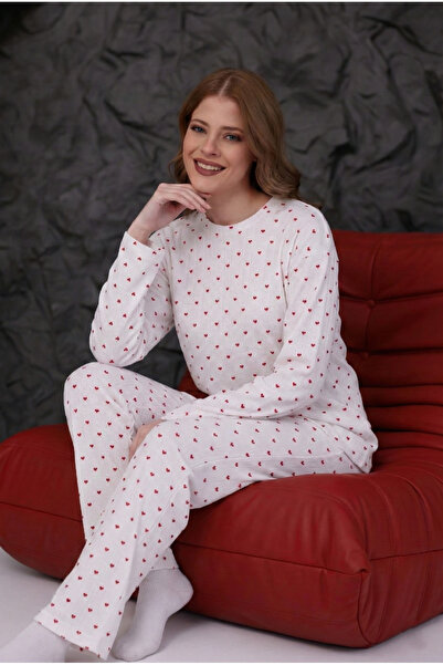 Arvin Pijama طقم بيجامة نسائي من القطن الناعم ذو نمط قلب قماش مجدّل لفصل الشتاء مريح وذو أكمام طويلة