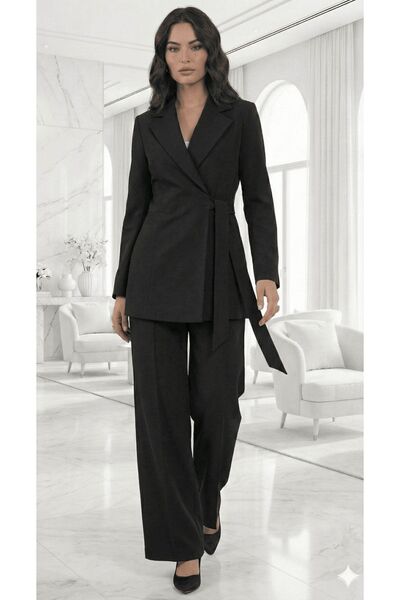 diaves Black Tie-Up Blazer Jacket & Wide Leg Fabric Pants Suit