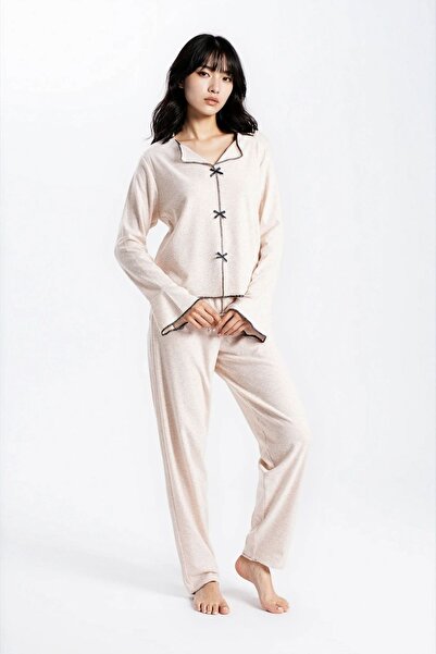 Ecrou Women's Stone Melange Report Ribbed Knit Texture Seoul Long Sleeve Top Pants Pajama Set
