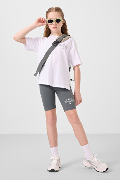 TOMMY LIFE Beyaz-Haki Pamuklu O Yaka Standart Fit Baskılı Kız Çocuk Tayt Takı...