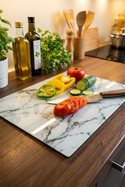MAKRİ HOME White Marble Patterned Glass Cutting and Presentation Board – Tempered Glass, 25×35 cm