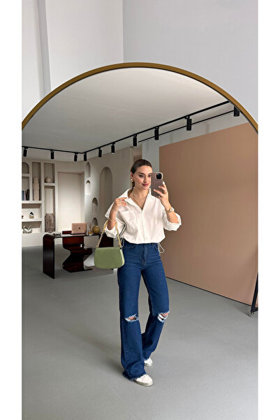 Sezgi Tekin Blugi drepti cu detaliu cu ciucuri pe picioare, albastru închis